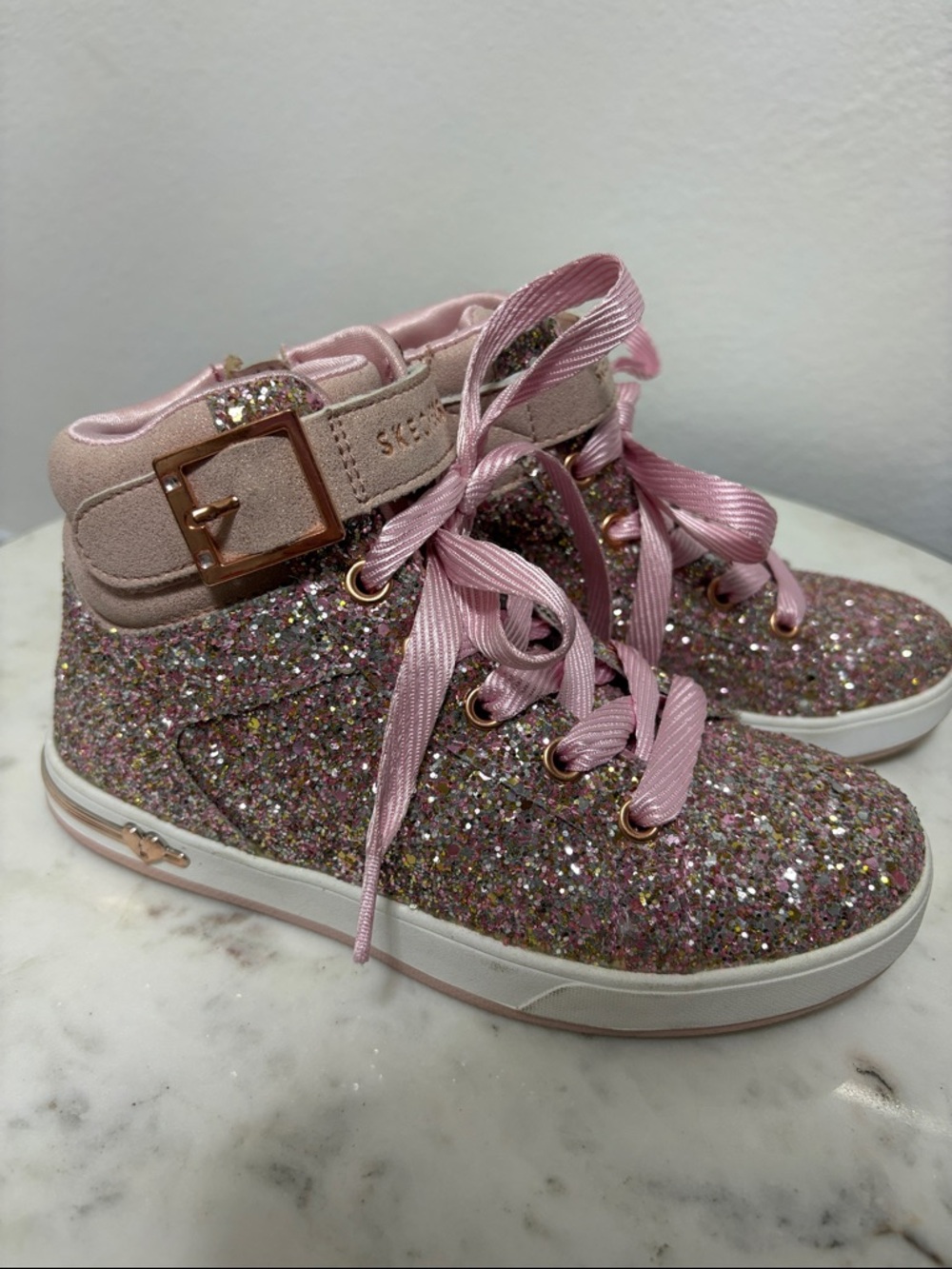 Skechers Pink Glitter High-Top Sneakers with Satin Laces